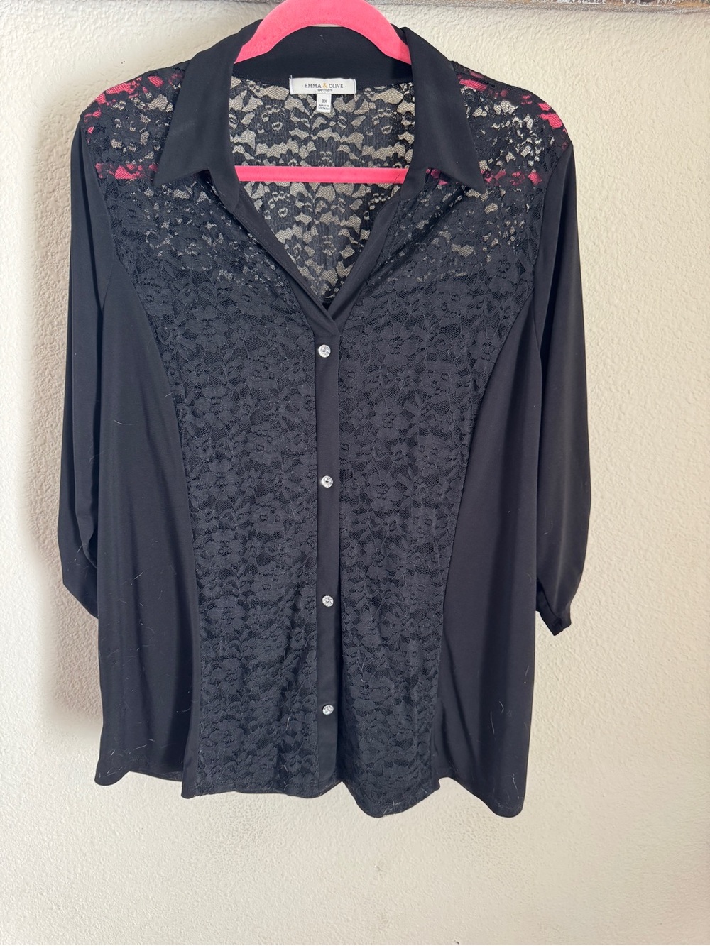 Lace-Front Black Button-Down Blouse